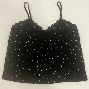 Pink Rose Black Star Print Satin Silky Lace Trim Cami Crop Top Large